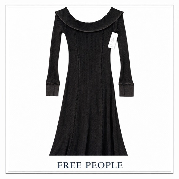 Free People Boho Washed Black Waffle Knit Off Shoulder Maxi Dress Small NWT - Picture 2 of 12